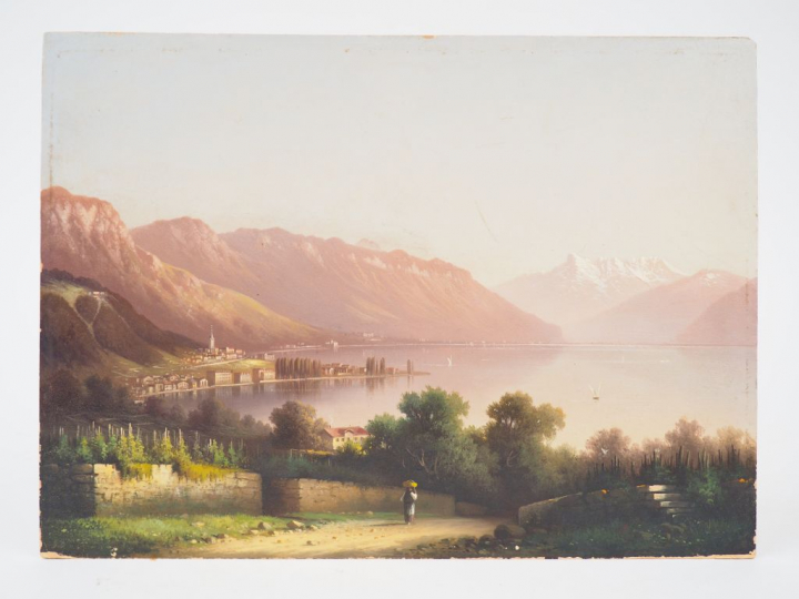 Ecole suisse XIXème  "Ville au bord d'un lac de montagne" Huile sur ca