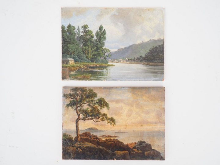 Ecole suisse ou française XIXème  "Paysages de bord de mer"  Trois pet