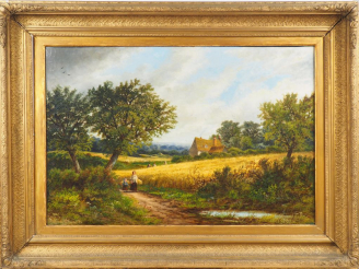 Vente aux enchères EDWARD A. ATKYNS.  "Paysans cheminant à travers champs" Huile sur toil