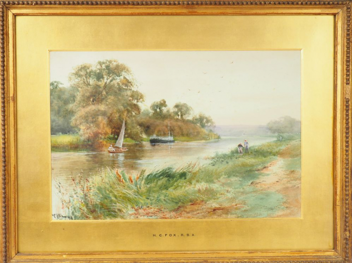 H. C. FOX  "Bord de fleuve animé" Aquarelle. Signée en bas à gauche et