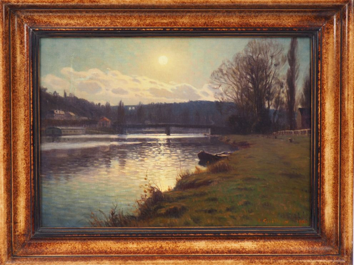 Ch. Victor GUILLOUX  "Paysage au clair de lune" Huile sur toile. Signé