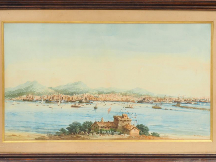 Emile HENRY  "La flotte dans le port de Toulon" Aquarelle. Signée en b