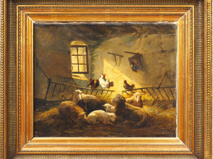 Charles JACQUES  "Bergerie" Huile sur toile. Signée en bas à droite. D