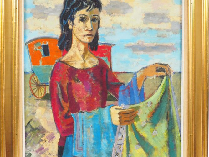 Maurice-Georges PONCELET "Femme devant sa roulotte" Huile sur toile.  