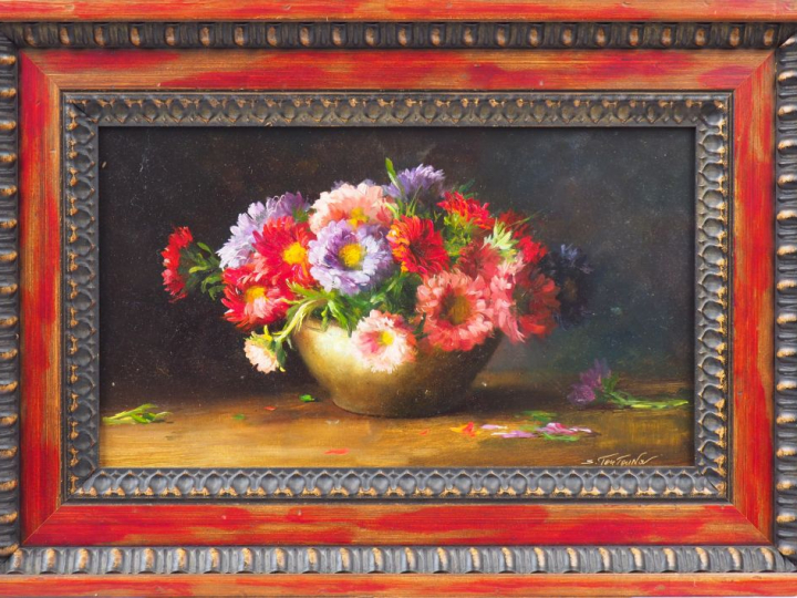 Sergei TOUTOUNOV "Nature morte au bouquet" Huile sur isorel. Signée en