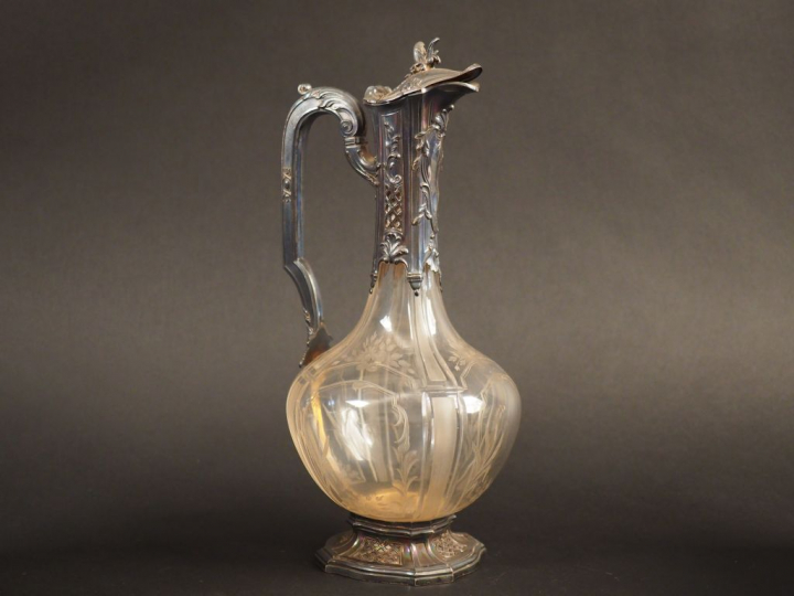 Aiguière de style Louis XV en cristal et argent, poinçon Minerve, à dé