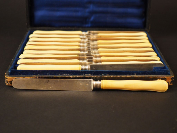 Suite de dix-huit couteaux à fruit lame argent, manche ivoire.  Dans l