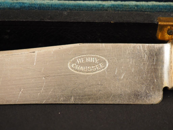 Suite de douze couteaux à dessert, manches en nacre. Dans leur coffret