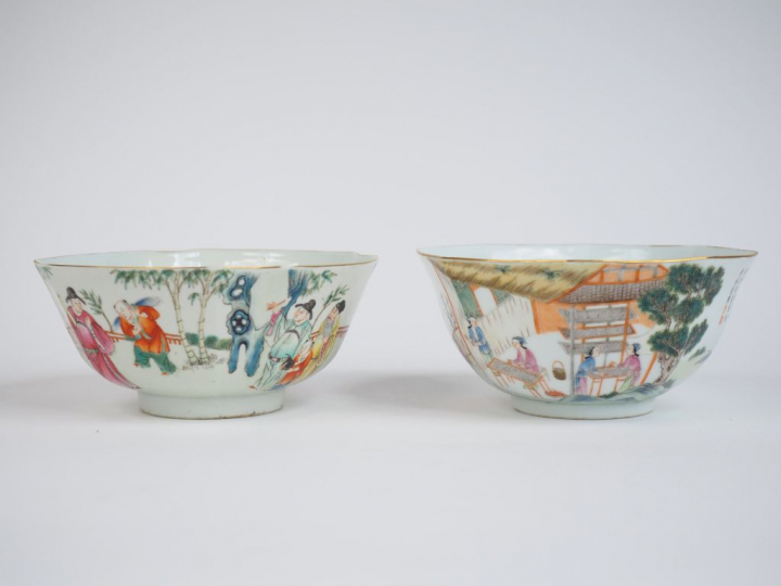 Lot de deux coupes, l'une octogonale et l'autre quadrilobée en porcela