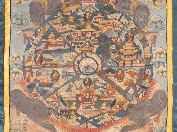 Thangka en polychromie sur toile, représentant la roue de l’existence 
