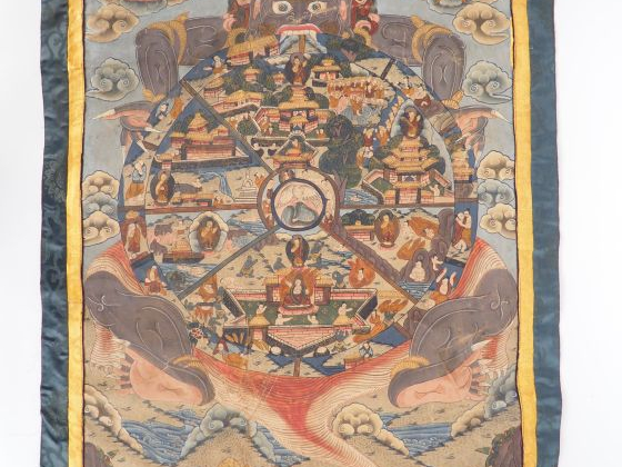 Thangka en polychromie sur toile, représentant la roue de l’existence 