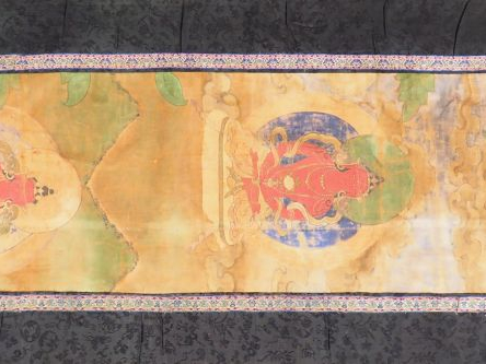 Thangka verticale étroite, peinte en polychromie sur toile de trois fi