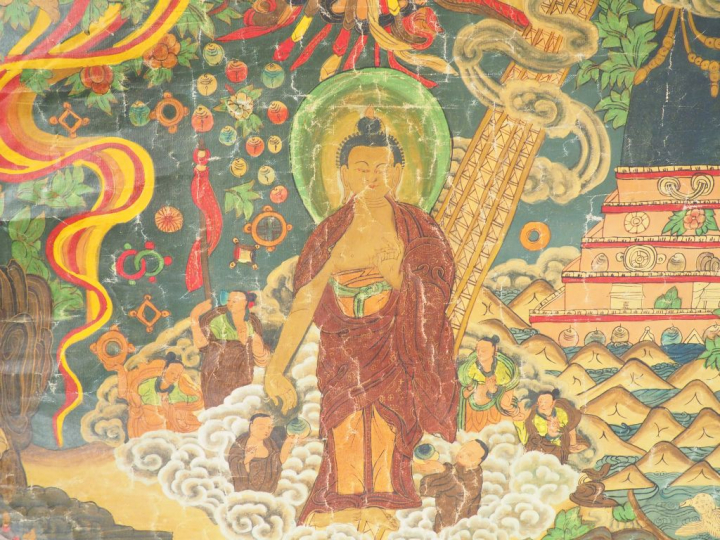 Thangka en polychromie sur toile, représentant le Bouddha Shakyamuni d