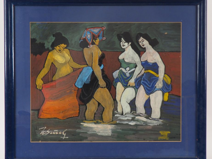 HOANG SUNG  "Jeunes femmes au bain" Encre et couleurs sur papier. Sign