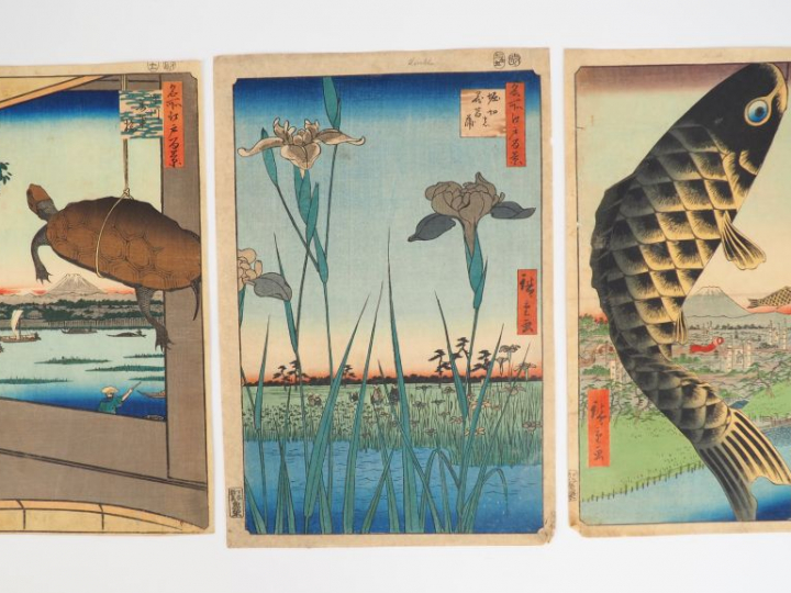 HIROSHIGE (1797-1858) Trois estampes oban tate-e  de la série des « Ce