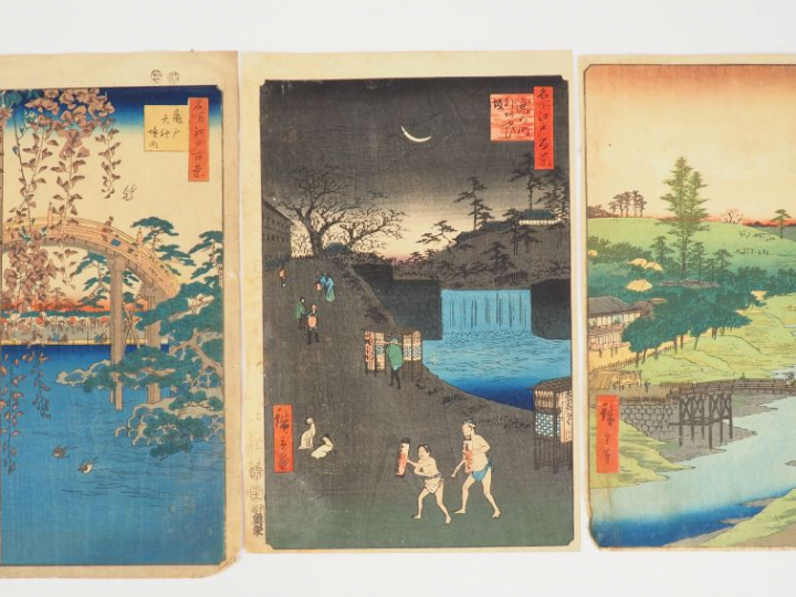 HIROSHIGE (1797-1858) Trois estampes oban tate-e de la série des « Cen