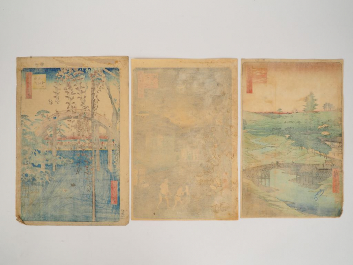 HIROSHIGE (1797-1858) Trois estampes oban tate-e de la série des « Cen