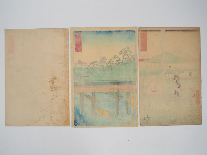 HIROSHIGE (1797-1858) Trois estampes oban tate-e de la série des « Tre