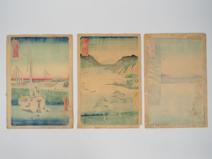 HIROSHIGE (1797-1858) Trois estampes oban tate-e de la série des « Tre