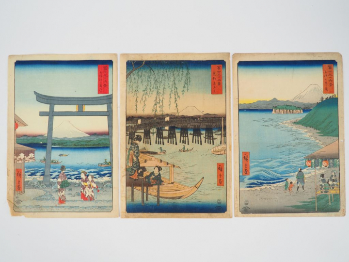 HIROSHIGE (1797-1858) Trois estampes oban tate-e de la série des « Tre