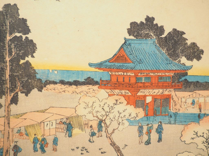 KUNIYOSHI (1797-1861)   Trois estampes oban yoko-e, vues de temples et