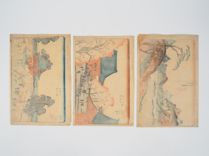 KUNIYOSHI (1797-1861)   Trois estampes oban yoko-e, vues de temples et