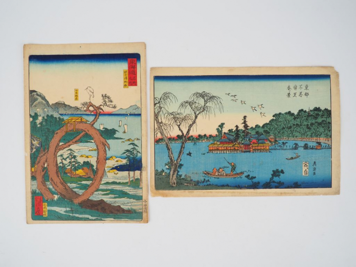 Ensemble de deux estampes :  - par Kunimaro (1830-1870), oban tate-e d