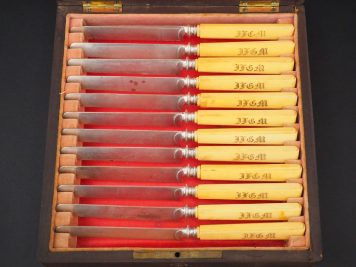 Suite de douze couteaux à fruit, lame argent poinçon Minerve. Manches 