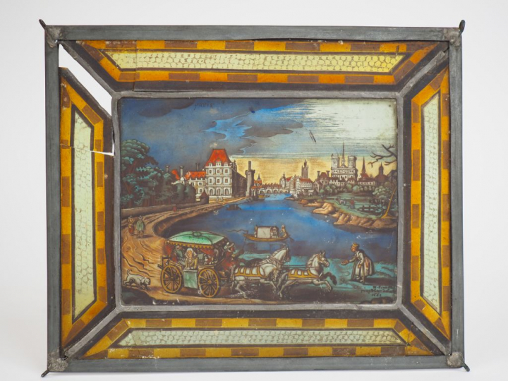 Rare peinture sur verre polychrome de la seconde moitié du XVIIème siè