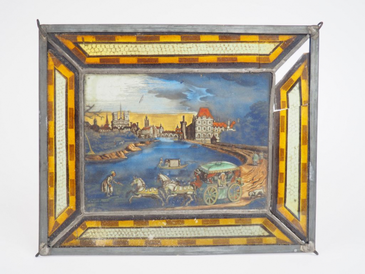 Rare peinture sur verre polychrome de la seconde moitié du XVIIème siè