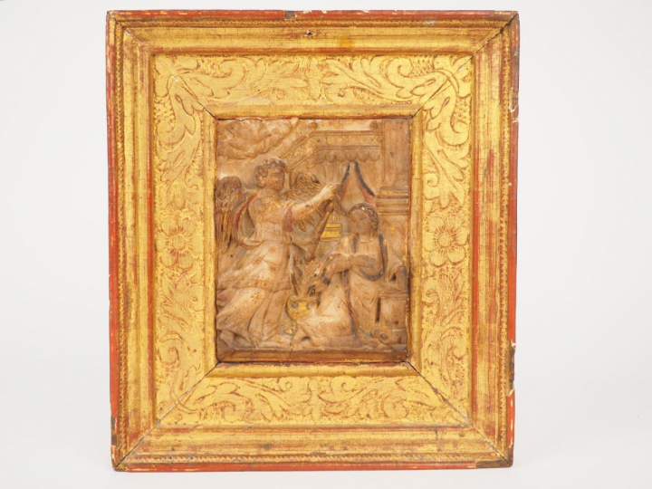 Plaque en albâtre sculpté fin XVIème - début XVIIème. "Annonciation" R