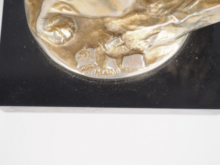 Maurice Roger MARX  "Lion Peugeot" Sujet en bronze argenté. Signé. H. 