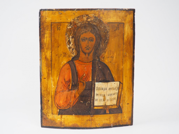 Icône XIXème en bois polychrome "Christ" 41 x 33,5 cm (sauts de peintu
