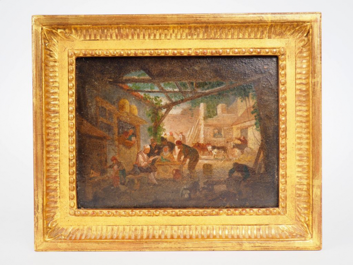 Ecole française XIXème "Scène de marché" Huile sur panneau. Dans un ca