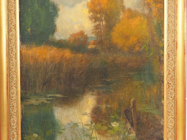 Ecole française XIXème  "Bord d'étang avec roseaux et barque" Huile su