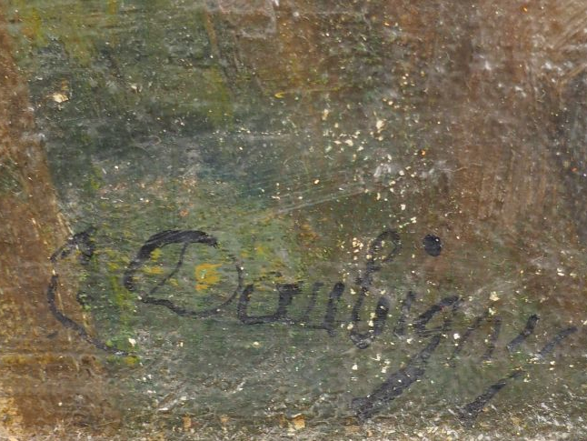 Ecole française XIXème  "Bord d'étang avec roseaux et barque" Huile su