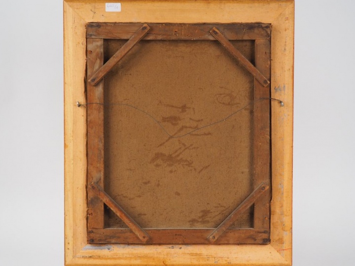 Ecole française XIXème  "Bord d'étang avec roseaux et barque" Huile su