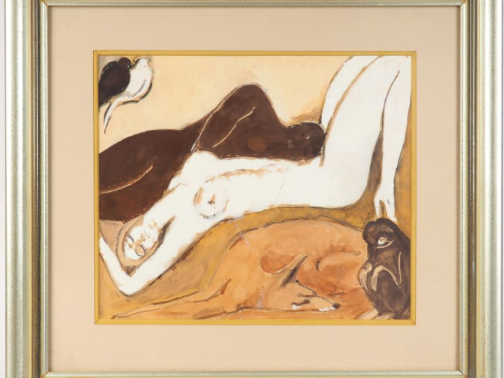 Ecole française XXème "Les deux amies" Aquarelle gouachée. Dim à vue. 