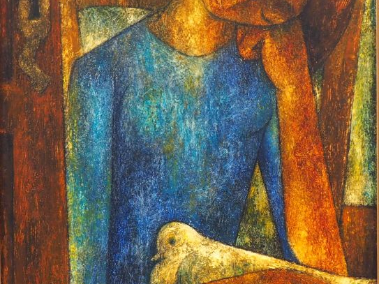 Fransisco BAJEN  "Jeune fille à la colombe" Huile sur toile.  Signée e