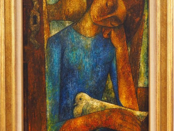 Fransisco BAJEN  "Jeune fille à la colombe" Huile sur toile.  Signée e