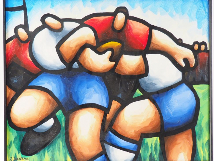 B. BLEND "La partie de rugby" Huile sur toile. Signée en bas à gauche.