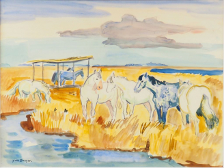 Vente aux enchères Yves BRAYER  "Chevaux de Camargue" Aquarelle. Signée en bas à gauche. 