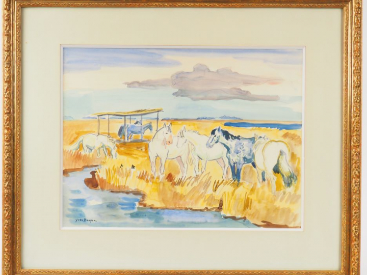 Yves BRAYER  "Chevaux de Camargue" Aquarelle. Signée en bas à gauche. 