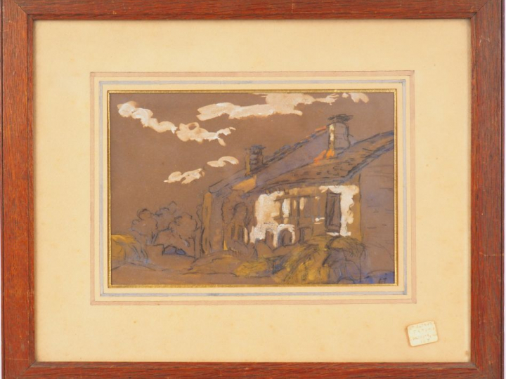 Ecole française début XXème "La chaumière" Pastel. Monogrammé "CT" en 