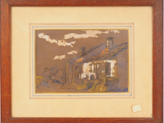 Vente aux enchères Ecole française début XXème "La chaumière" Pastel. Monogrammé "CT" en 