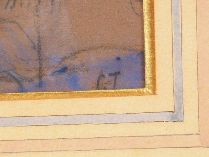 Ecole française début XXème "La chaumière" Pastel. Monogrammé "CT" en 