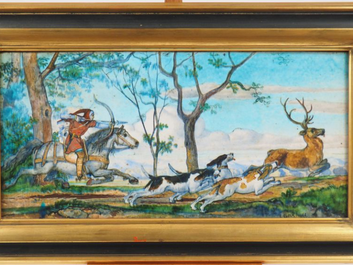 E. GLUCK "Chasse au cerf avec cavalier"  Plaque en céramique peinte et