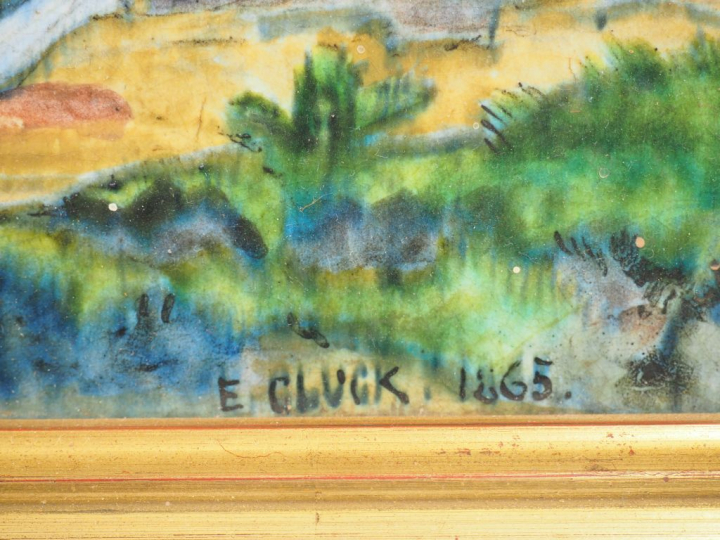 E. GLUCK "Chasse au cerf avec cavalier"  Plaque en céramique peinte et