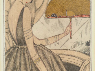 Vente aux enchères Georges LEPAPE "Femme à l'éventail dans une loge" Plume et aquarelle. 