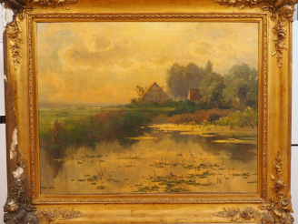 Vente aux enchères Oskar LEU "Etang et chaumière" Huile sur carton. Signée en bas à gauch